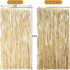 4 Pack Wavy Champagne Gold Metallic Tinsel Foil Fringe Curtains Backdrop – 3.3X6