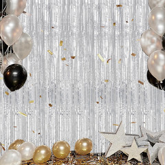 3 Pack Foil Fringe Backdrop – Silver Shiny Tinsel Curtains for Party Decoration/