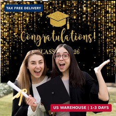 Class of 2026 Graduation Backdrop Black Gold Glitter 7x5ft Photo Booth