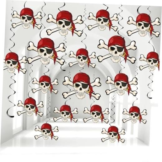 VioraWhite 48 Pcs Pirate Party Decorations Halloween Skull Hanging Swirl