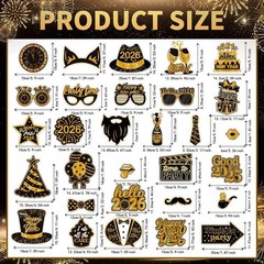 New Years Photo Booth Props 2026, Pack of 30 Black and Gold NYE Photo Props for