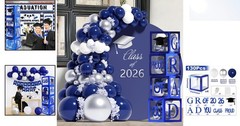 Elegant Navy Blue Graduation Decorations 2026 with Balloon Arch & GRAD Box