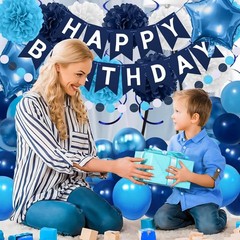 Navy Blue Birthday Decorations, Happy Birthday Banner with Paper Pompoms, Han…