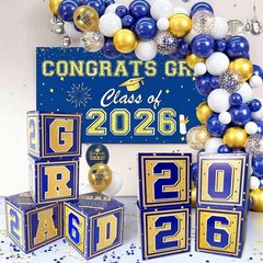 Navy Blue & Gold Graduation Decorations 2026 – Balloon Boxes, Garland Kit & Bann