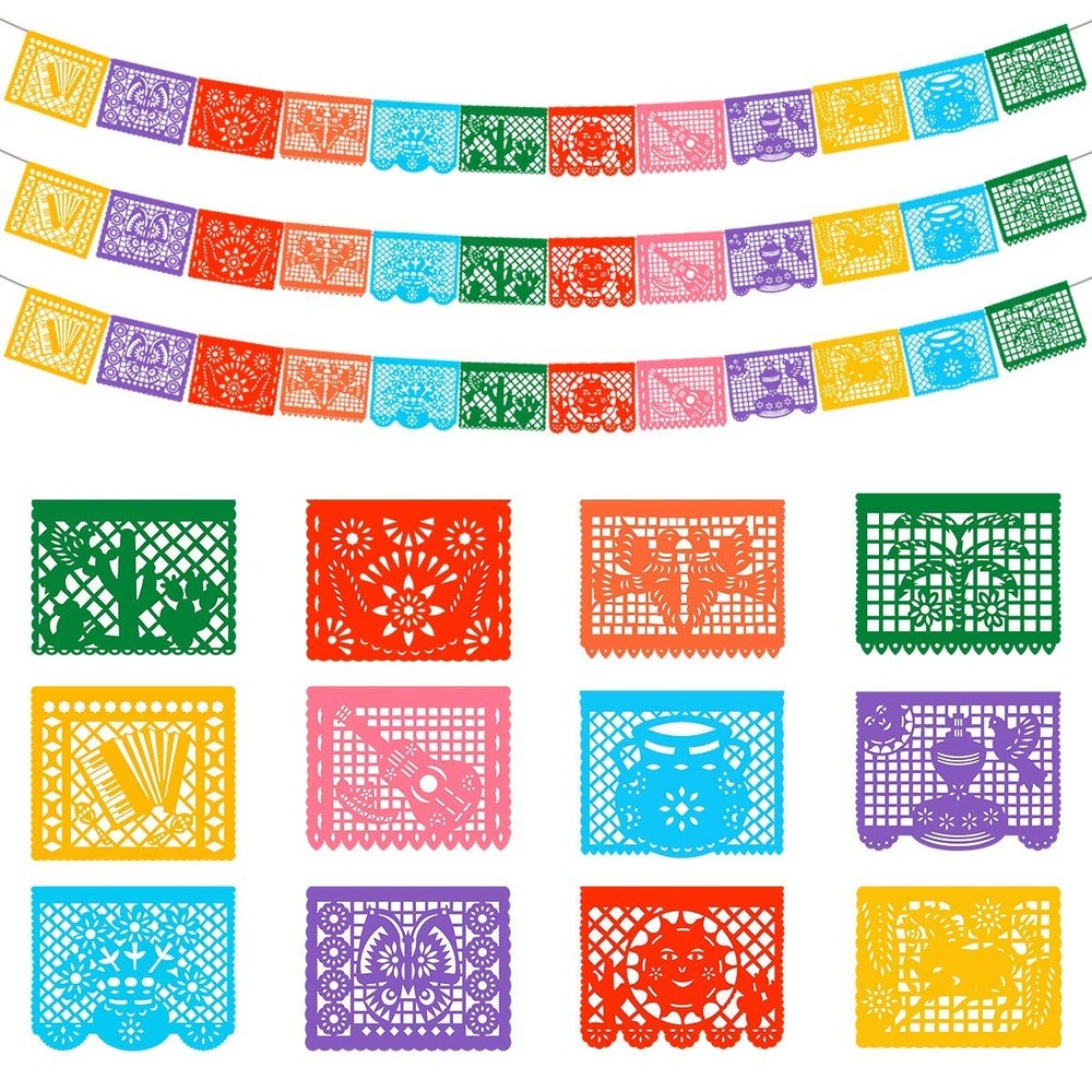 3 Packs Mexican Banners, 66 Ft(22ft x 3) Papel Picado Banner, Large Plastic Mexi