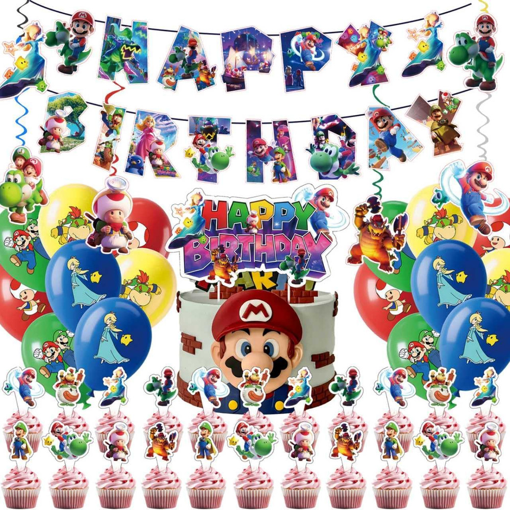 48Pcs Latest Mario Birthday Party Supplies, Party Decorations Set Include Banner