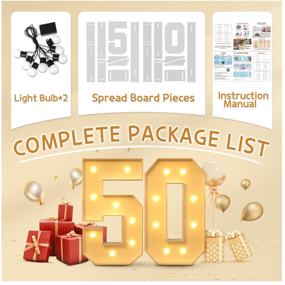 White 3FT Number 50 with Lights, Birthday Decorations