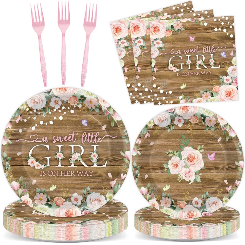 96Pcs Spring Floral Baby Shower Party Decoration Rustic Girl Baby Shower Paper