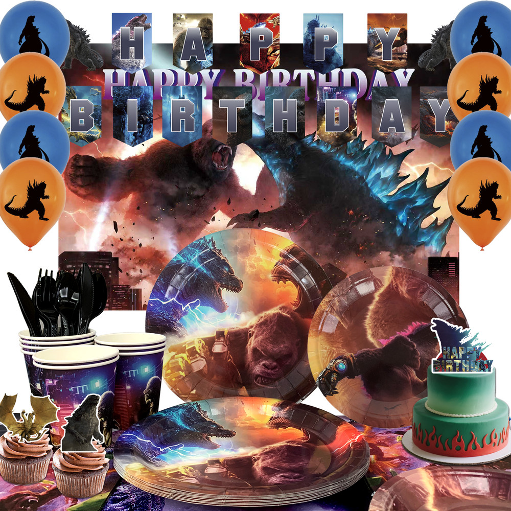 Godzilla Party Decorations& Tableware 112 Pcs Tablecloth Balloons Backgdrop Cups