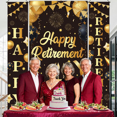 Retirement Party Decorations Door Cover and Door Banner for Men Women Black Gold