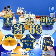 9Pcs Blue 60th Birthday Decorations Navy Gold