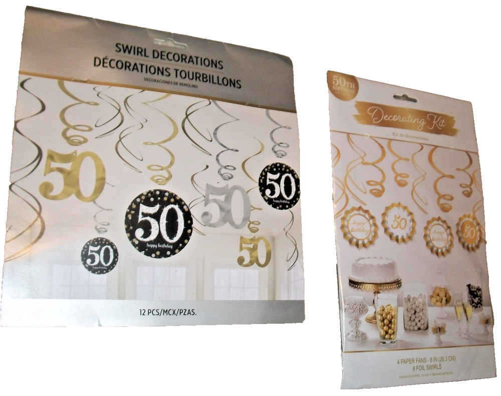 2pks 50TH HAPPY BIRTHDAY DECORATING KIT HANGING FANS SWIRLS GOLD (B195)
