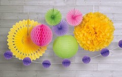 Party decoration bulk- Hanging Puff Balls and Fans 16 piece bundle – NEW