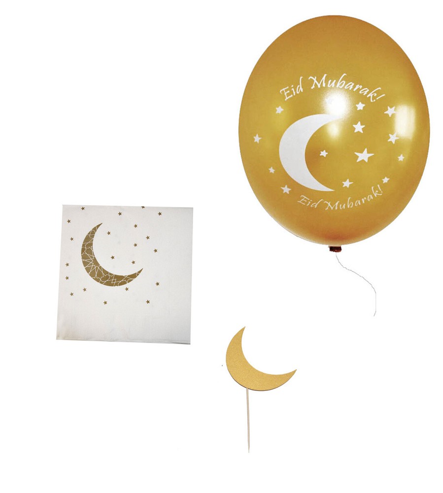Ramadan and Eid Gold Crescent Moon Party Packs (Napkins, Toppers, and Balloons)