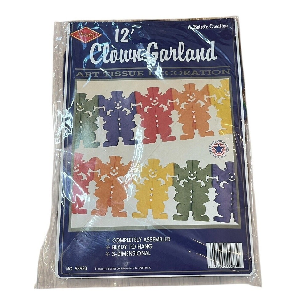 BEISTLE 12′ CLOWN GARLAND 1988 RAINBOW CLOWNS 55983 New In Sealed Package VTG