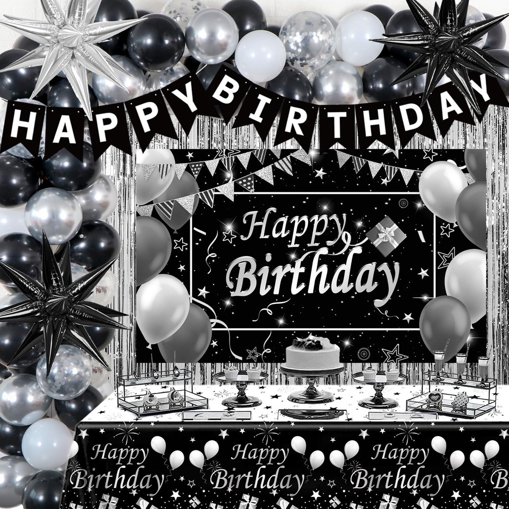 Black and Silver Birthday Decorations for Men Women Boys Girls, 85PCS White B…