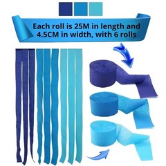 6 Rolls Blue Crepe Paper Party Streamers in 3 Colors 1.8 Inch x 82 Ft