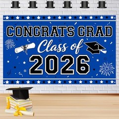 Blue Graduation Banner Class of 2026-72″ x 44″ Congrats Grad Backdrop Colorful