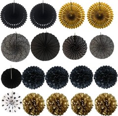 Stunning 21 Pcs Paper Fan & Pom Poms Set in Black & Gold for Memorable Events