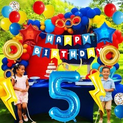 Birthday Party Decorations with 40 Inch Blue Number 5 Balloon, Lightning, Cir…