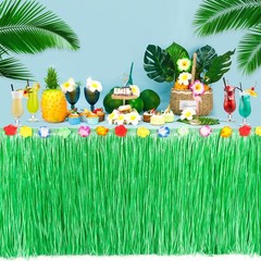 Hawaiian Party Table Skirt Decorations, 2PCS Green Luau Party Table Skirt Dec…