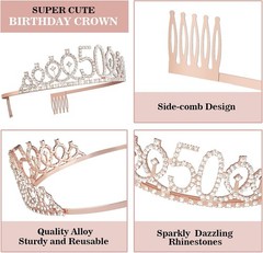Elegant 50th Birthday Sash, Crown & Glittery Cake Topper Gift Set in Rose Gold