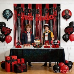 Black Red Party Streamers Backdrop – Foil Fringe Tinsel for Stranger/Friday P…