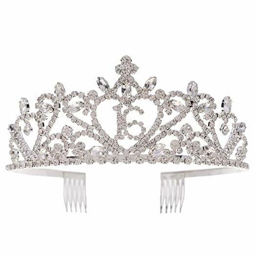 Sweet 16 Tiara 16th Birthday Party Accessories Supplies, Crown Silver (16 Heart)