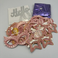 70th Birthday Decor Paper Glasses (24), 70 Foil Balloons, Hello 70 Cake Topper
