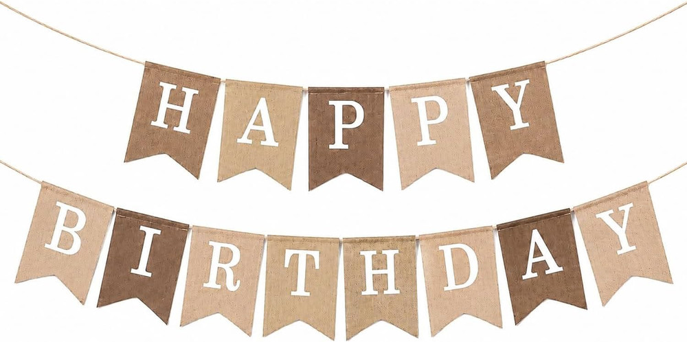Happy Birthday Banner, Boho Neutral Beige Brown Canvas Faux Burlap Garland, Pre-