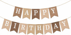 Happy Birthday Banner, Boho Neutral Beige Brown Canvas Faux Burlap Garland, Pre-