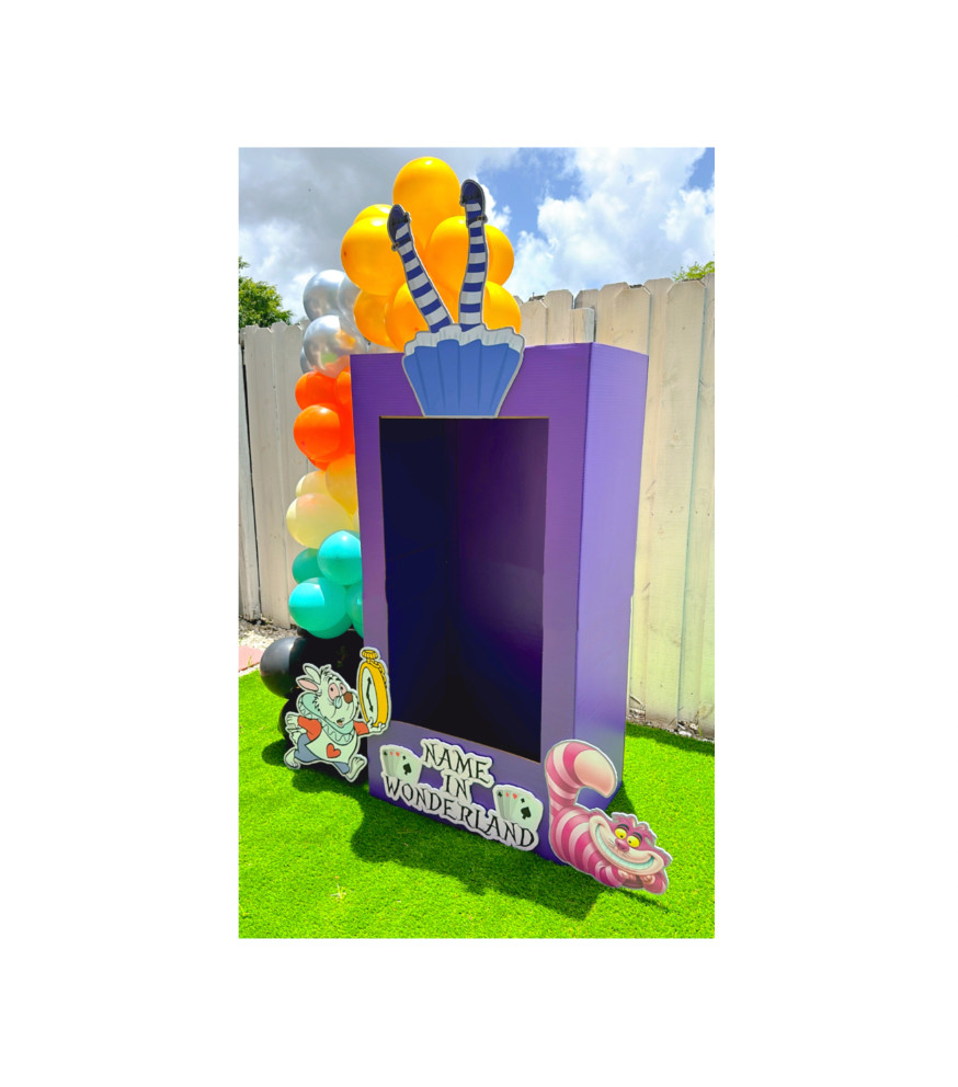 Alice in wonderland photo booth, purple photo box, prop, 3 cut outs includes
