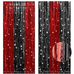 , 2 Pack 3.2×8.2 Feet Black and Red Foil Fringe Curtains Party Red and Black