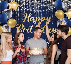 Happy Birthday Backdrop 10x8ft for Men Boys Navy Blue and Gold Happy Birthday…