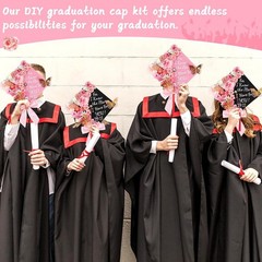 55 Pcs Pink DIY Graduation Cap Decorations Faux Assorted Flowers Pink Bows 3D…