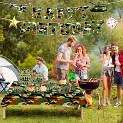 182Pcs Army Camouflage Birthday Party Supplies Set, Plates Napkins Tableware for