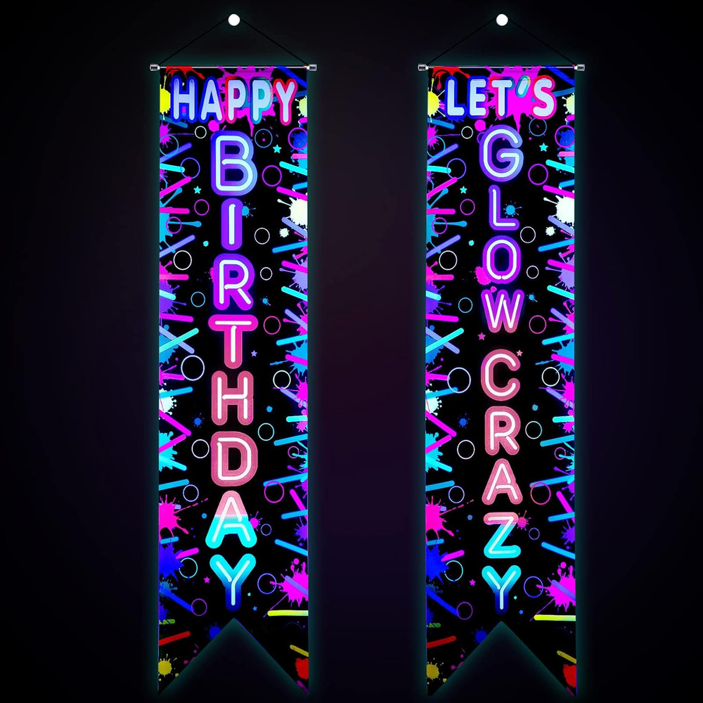 Tegeme 2 Pcs Glow in the Dark Party Supplies Neon Happy Birthday Banner Let’S Gl