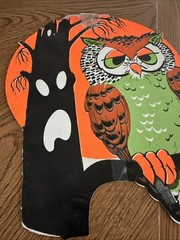 Wise Old Halloween Owl Sitting In A Tree Approx 1970s 11 X 9.5 Inches