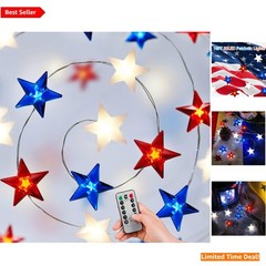 50 LED Red White Blue Fairy Lights – Remote Control Timer for 4th of July Decor
