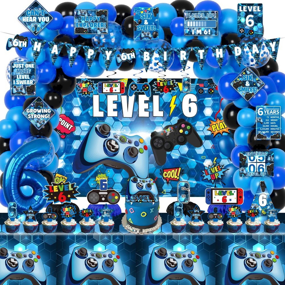 6th Birthday Decorations for Boys, 149Pcs Blue Video Game level 6 Party Suppl…