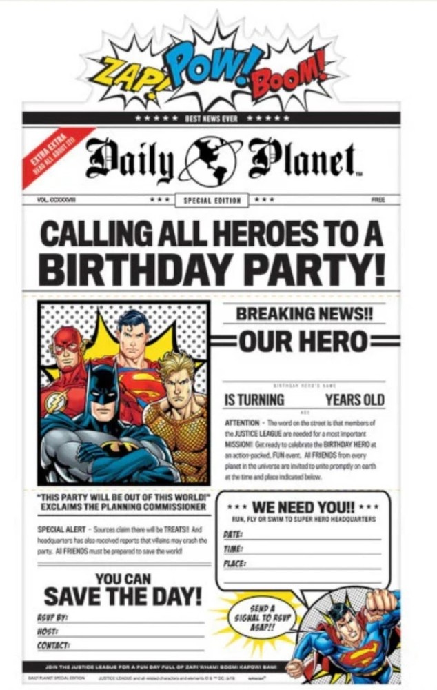JUSTICE LEAGUE HEROES UNITE DAILY PLANET Premium Superhero Party Invitations NEW