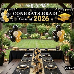Black And Gold Graduation Backdrop 200X40Cm Polyester Fabric 2026 Banners
