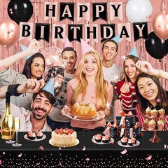 Rose Gold Birthday Party Decorations 63Pcs Rose Gold and Black Happy Birthday…
