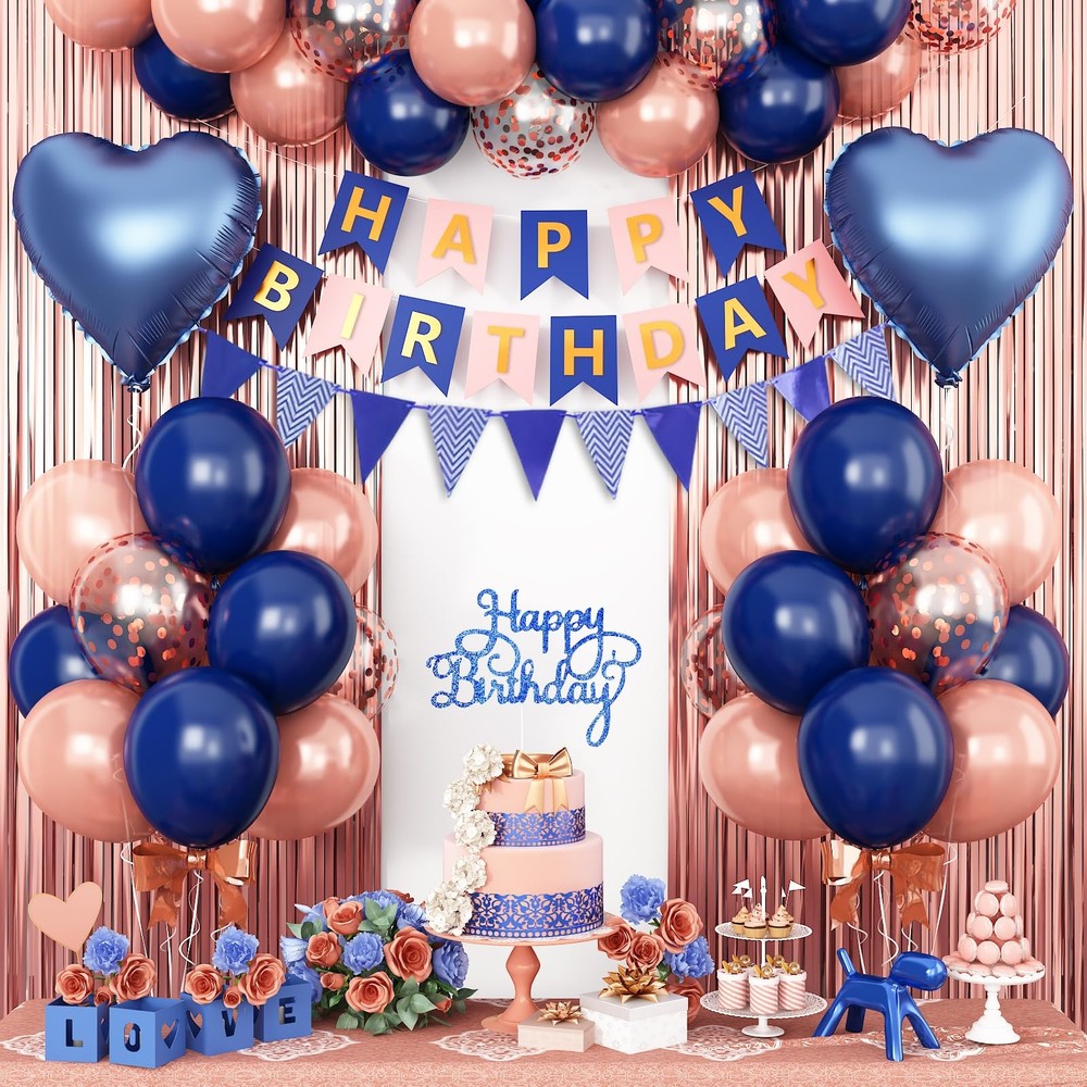 Navy Blue Rose Gold Birthday Decorations,Happy Birthday Banner Fringe Curtain…