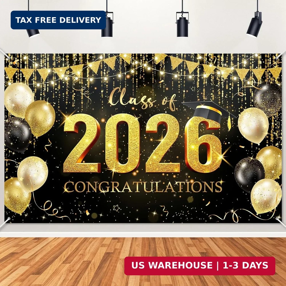 Avezano Graduation Backdrop Black and Gold Congratulations Class of 2026 Banner