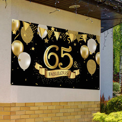 65th Birthday Party Black Gold Backdrop Banner 72x43in Photo Booth Decor