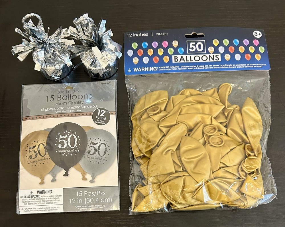 50Th Birthday Balloons Black Gold with 2 weights 15 & 50 Packs 12 Inch Latex