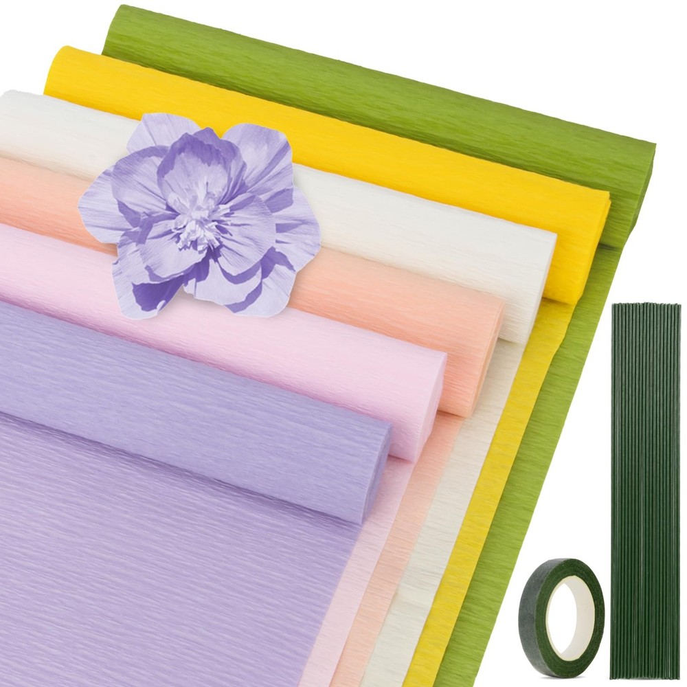 27 PCS Crepe Paper Roll Kit – 6 Rolls Crepe Paper Sheets with Floral Tape and 20