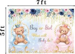 Boho Bear Gender Reveal Backdrop 7X5Ft Boy or Girl Floral Baby Shower Party Phot