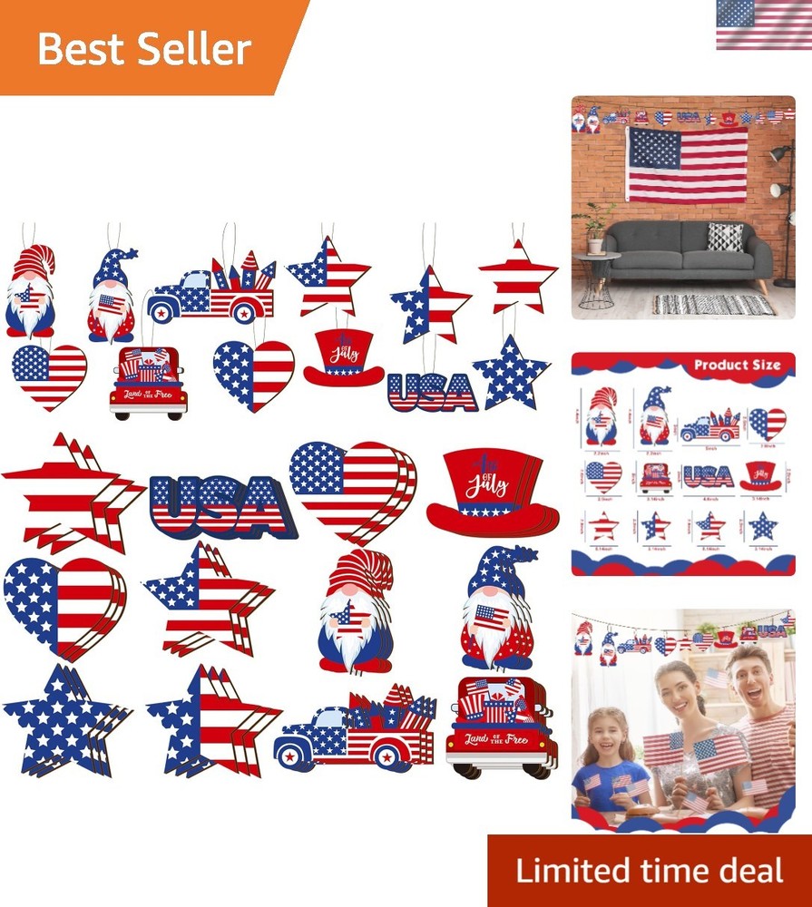 Charming 36 Pc Wooden Patriotic Ornament Set – Perfect for July 4 Celebrations